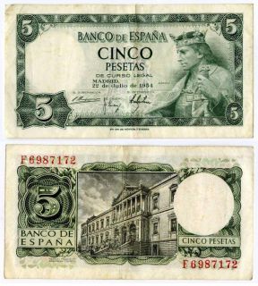 Currency 1954 Madrid Spain 5 Pesetas Banknote King Alfonso x P142 VF