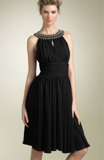 JS Boutique Ruched Chiffon Dress with Beaded Neck