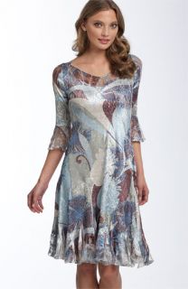 Komarov Print Charmeuse Dress with Lace Insets