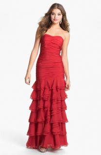 Dalia MacPhee Ruched & Tiered Strapless Chiffon Gown
