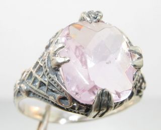  4ct Checkerboard Cut Natural Pink Topaz Sterling Floral Filigree Ring