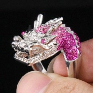 Silver Tone Cute Dragon Cocktail Ring Size 8# W/ Pink Rhinestone