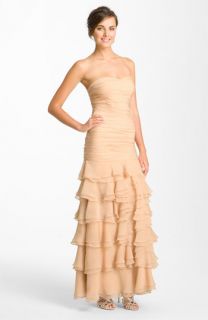 Dalia MacPhee Ruched & Tiered Strapless Chiffon Gown