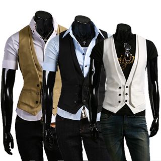 Males Casual V neck Vests Sleeveless 2 Layer Design Slim Waistcoat