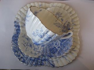 Wileman Foley Basket of Flowers Trio Tea Cup Saucer Shelley Blue White