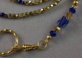 COBALT BLUE CHRISTENSEN CANE GLASS GOLD AUSTRIAN CRYSTALS LANYARD