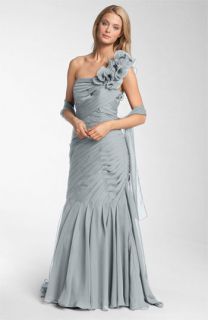 Veni Infantino Pleated One Shoulder Ruffle Gown