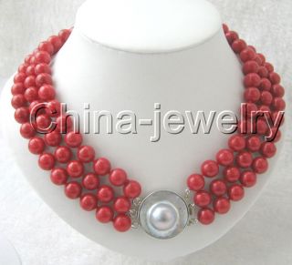 AAA 3row 10mm Natural Perfect Round Red Coral Necklace