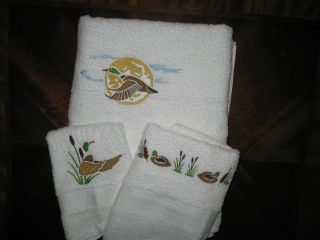  Embroidered Mallard Ducks 3 Piece White Bath Towel Set