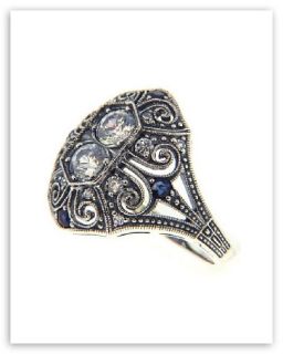 Sterling Silver CZ / Sapphire Filigree Ring   Art Deco Style   Size 7