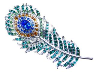   Colorful Single Peacock Feather Crystal Rhinestone Custom Pin Brooch
