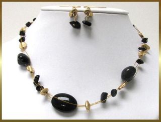 Black Stone Gold Bead Multi Row Illusion Necklace Set Includes A Gift