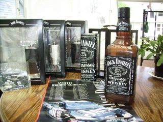 Jack Daniels Lot Flasks Tin Plastic Display Bottle JD Button