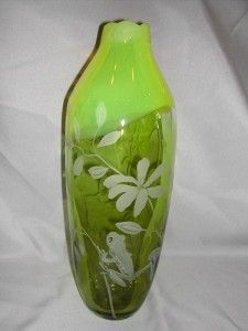 Cynthia Myers Art Glass Vase Etched Vase in Green