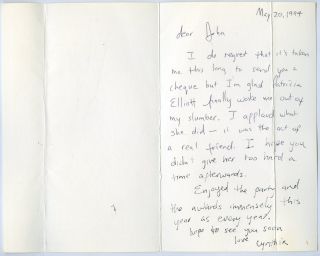 Vintage 1994 Actress Cynthia Nixon Handwritten Signed Card to John