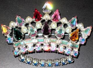 DAVID Aurora Borealis & Colorful Rhinestone Crown Vintage Pin