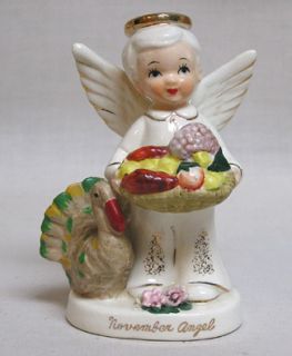 Vintage Napco November Boy Angel w Turkey Holds Platter of Vegetables