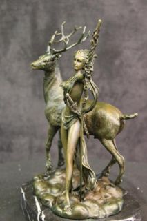 Diana The Huntress Spear Deer Wild Forest Stag Bronze Greek Statue