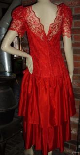 Vintage 80s s Red Lace Prom Dress Ruffles Bow Bridal Originals Puff