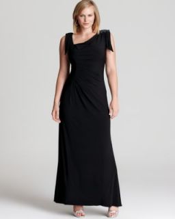 David Meister New Black Matte Jersey Applique Ruched Long Formal Dress