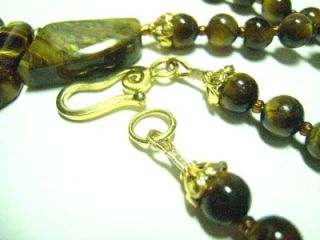 Cleopatra Necklace w Tigers Eye Stones 14kgf Beads 24K Vermeil Gold