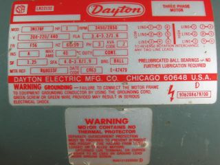 HP Dayton Electric Motor 3N178F 1hp 3ph 3 Phase 208 220/440v 1 hp