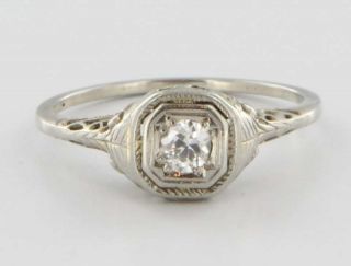 Antique Art Deco 18k White Gold Diamond Filigree Engagement Vintage