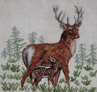 Vintage Deer Cabin Lodge Wildlife Animals Preworked Design Needlepoint