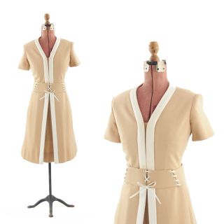 VINTAGE 60s Davidow Couture Wool Knit Neutral TAN A Line Mad Men DRESS