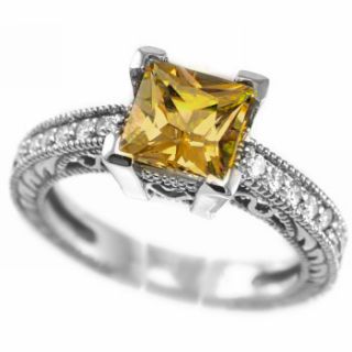 PRINCESS CITRINE & DIAMOND ENGAGEMENT RING 14K WHITE GOLD VINTAGE