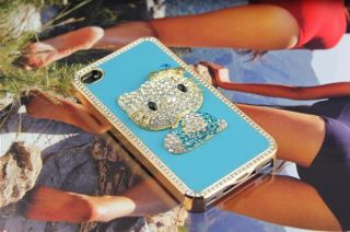 Blue Leather Bling Diamond Kitty Crystal Hard Case Cover Skin for