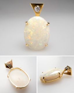  Crystal Opal & Genuine Diamond Pendant Solid 14K Gold Estate Jewelry