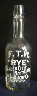 Excellent Antique Bottle F T w Rye Garden City Bottling Co Missoula
