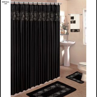 Bath Set 2 Rugs Mats Fabric Shower Curtain Matching Rings 3 Decorative