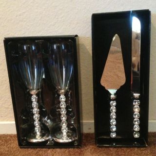 Brand New in Box Rhinestone Serving Set and Toasting Glasses Flutes