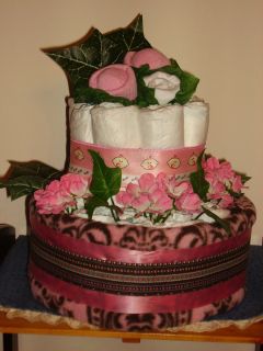 Diaper Cake Pink Floral Design with Pink Brown Baby Blanket