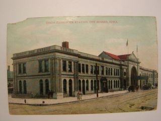 1908 Postcard Union Train Station Des Moines Iowa