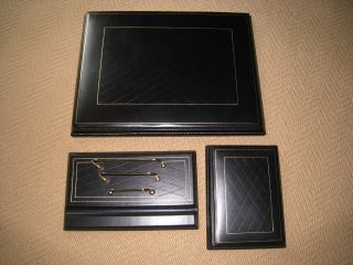  Bontruper Leather Black Desk Pad Blotter Guilded 23k Gold 3pc set
