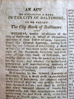 1813 Newspaper w Long Detailed Report 1st Bank of Baltimore