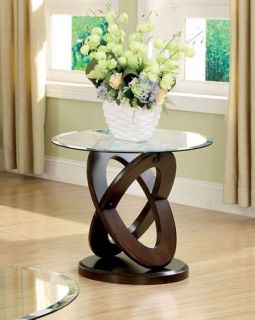 Contemporary Round Glass Top Dark Walnut Occasional End Table