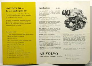 c1958 VOLVO PV544 PV 544 Sales Brochure, 2 Guys Autorama, Totowa, New