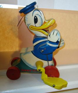 Vintage 1950s Fisher Price 765 Disney Donald Duck Wooden Pull Toy