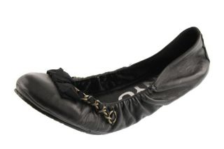 DKNYC New Larissa Black Leather Chain Bow Embellished Ballet Flats