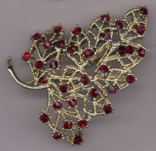 Dodds Vintage Silver Tone Filigree & Red Rhinestones Fall Leaf Pin