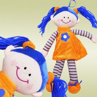 Cute Soft Rag Doll Girl Toy Blue Hair Orange Dress