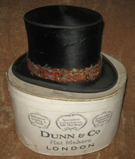 ANTIQUE VICTORIAN DUNN CO PLUSH SILK TOP HAT WITH FEATHER BAND