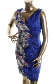 Donna Ricco New Blue Printed Ruched Faux Wrap V Neck Casual Dress 14
