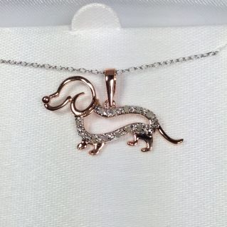  Rose Gold Over Sterling Silver Diamond Dachshund Dog Necklace MSRP 100
