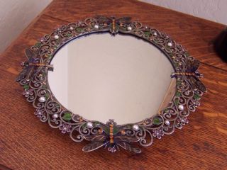  Enameled Solid Pewter MIRRORED TRAY, DRAGONFLY Vanity Perfume Tray