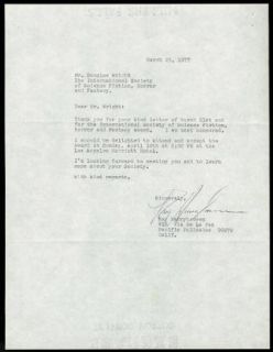 Ray Harryhausen Vintage 1977 Original Typed Letter Signed TLS
